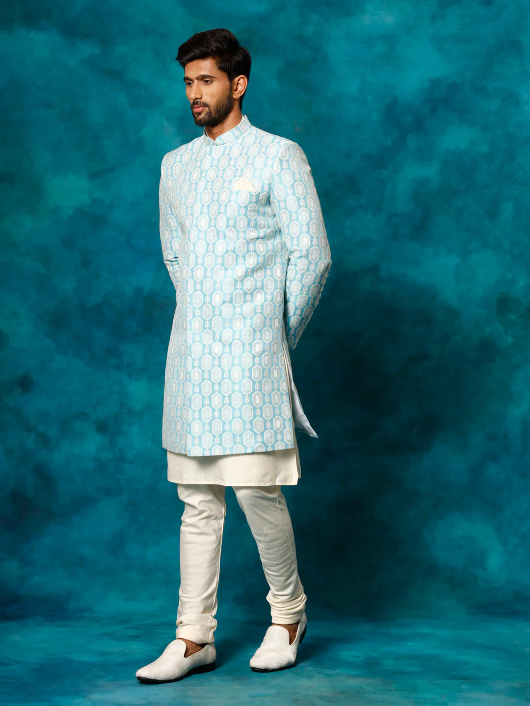 Men's Blue Imported Jacquard Indo With Kurta Pyjama Set - Image 7