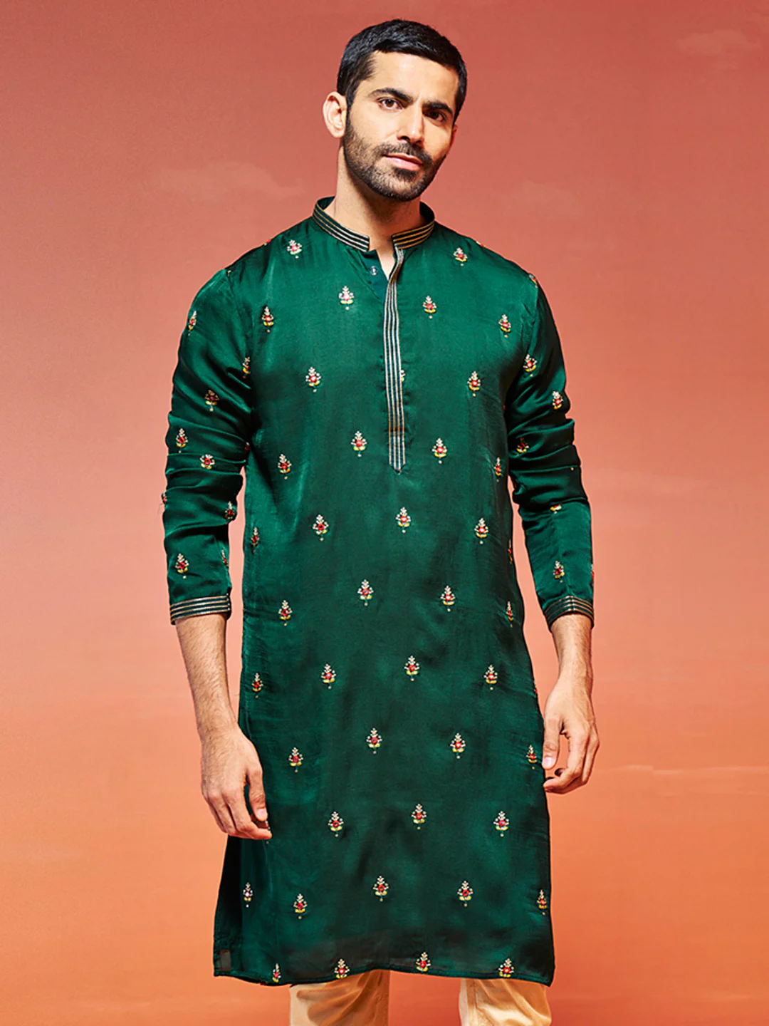 Men's Bottle Green Silk Blend Kurta - Image 2