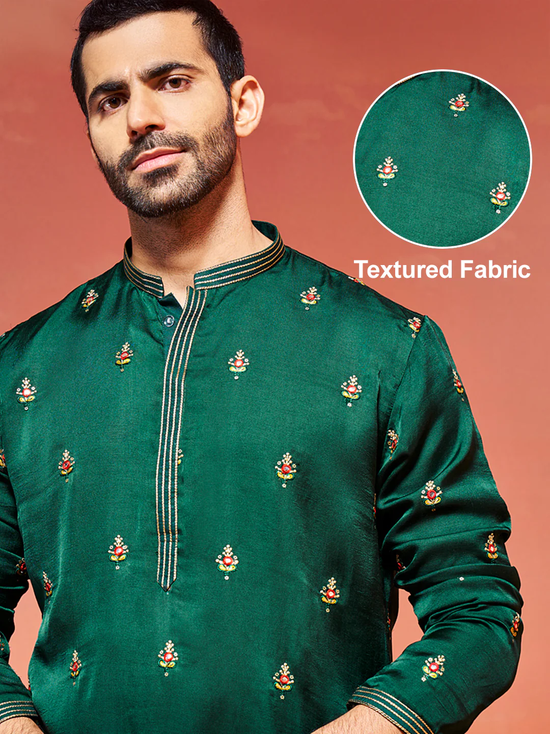 Men's Bottle Green Silk Blend Kurta And Pyjama Set - Image 2