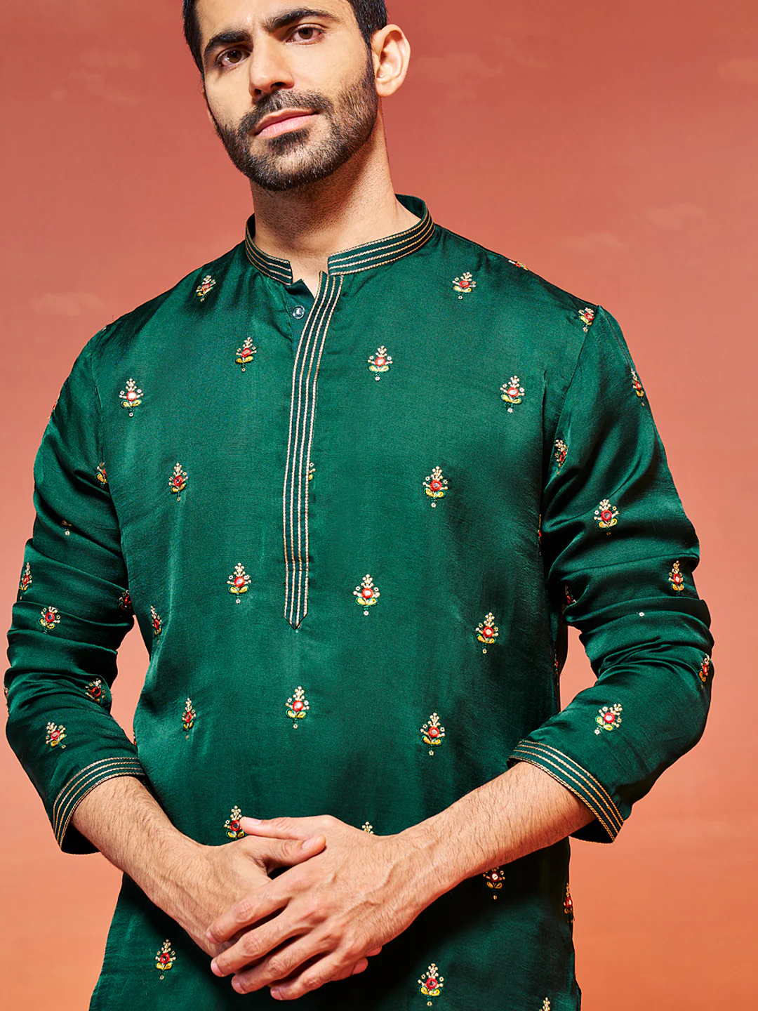 Men's Bottle Green Silk Blend Kurta And Pyjama Set - Image 3