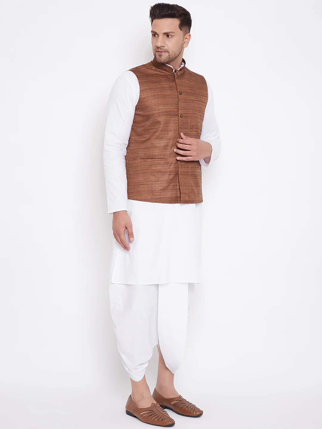 Men's Coffee Brown And White Cotton Blend Jacket, Kurta And Dhoti Set - Image 2