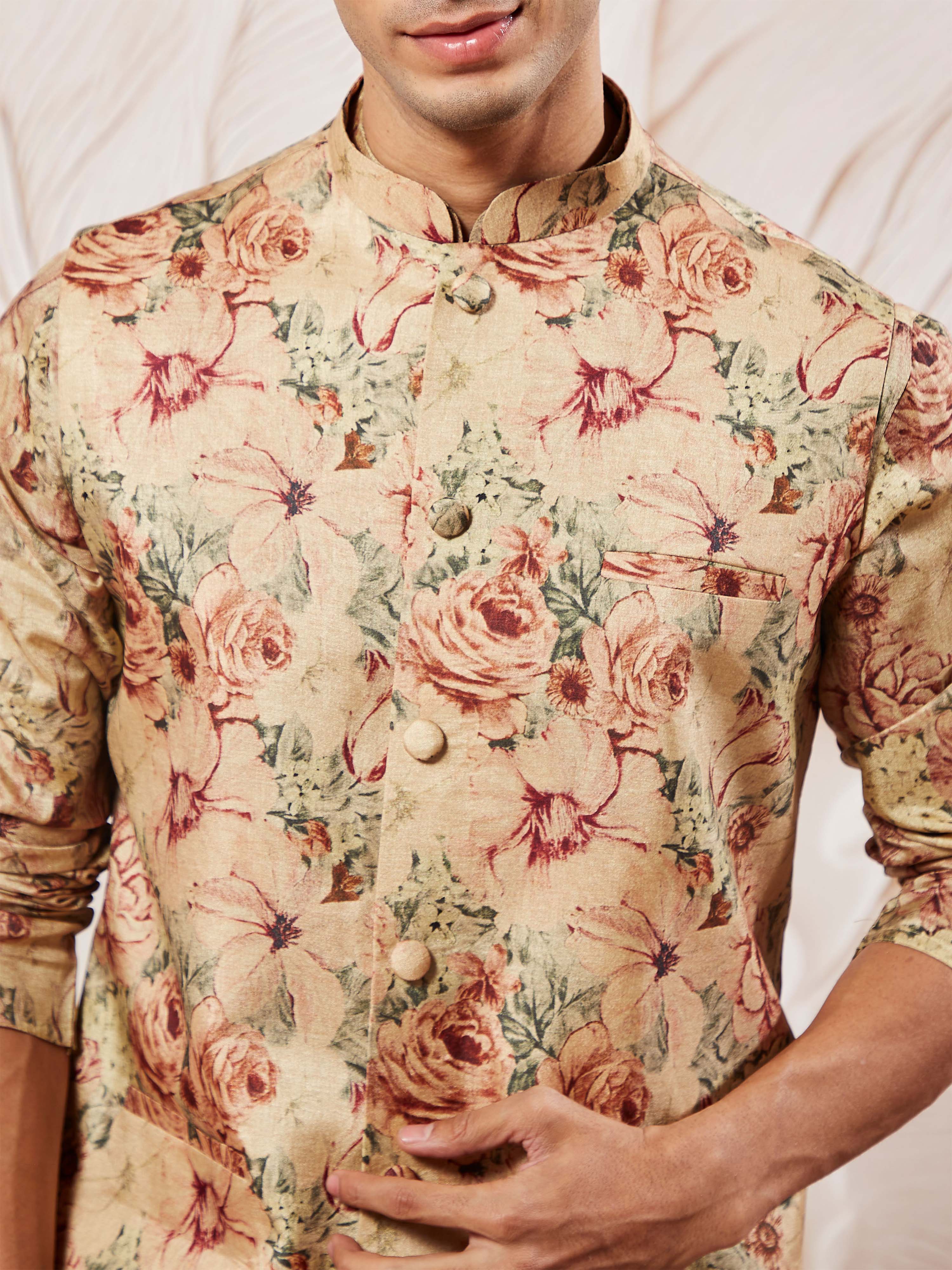 Men's Cream And Brown Silk Blend Jacket, Kurta And Pyjama Set - Image 2