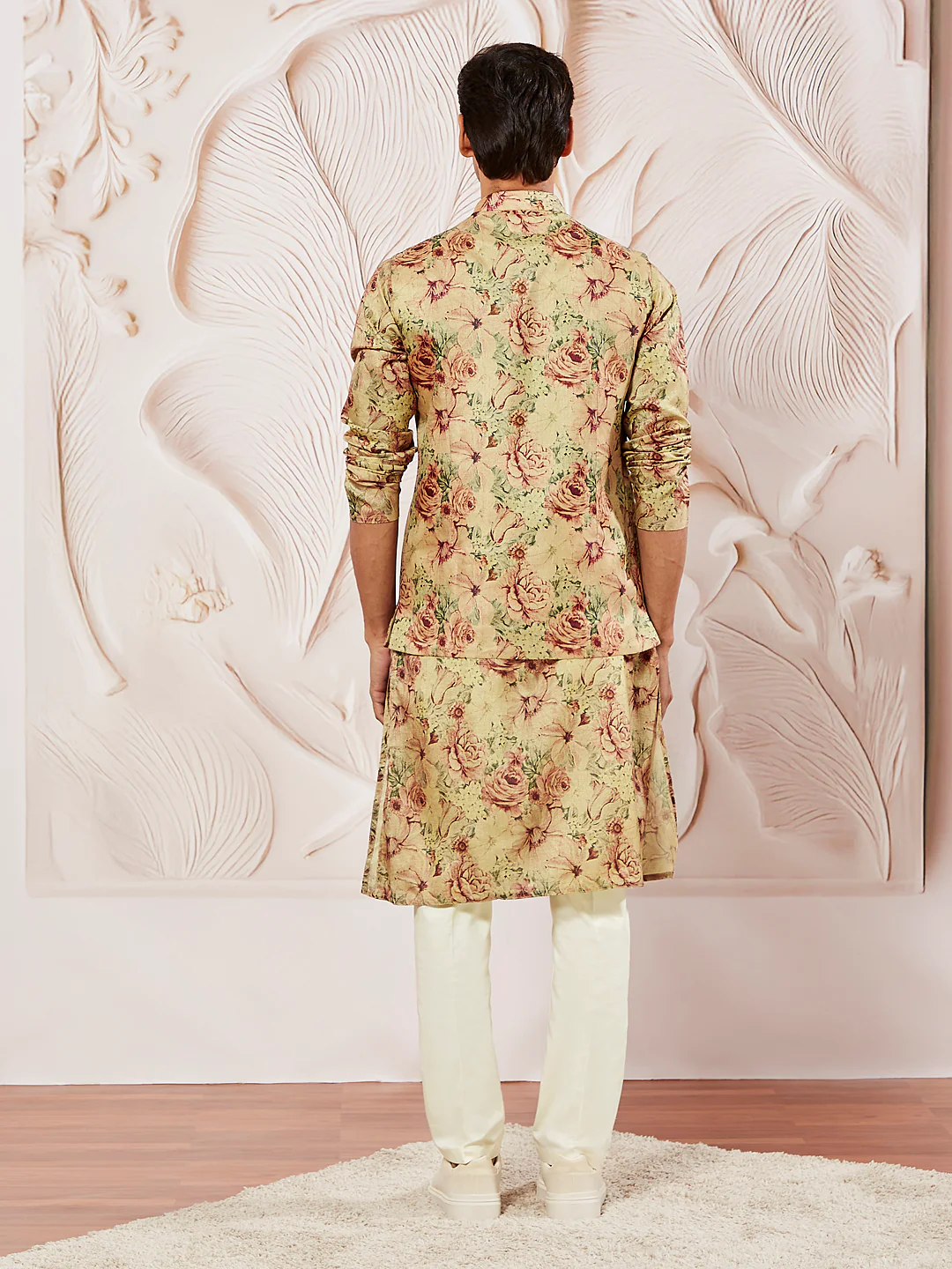 Men's Cream And Brown Silk Blend Jacket, Kurta And Pyjama Set - Image 5