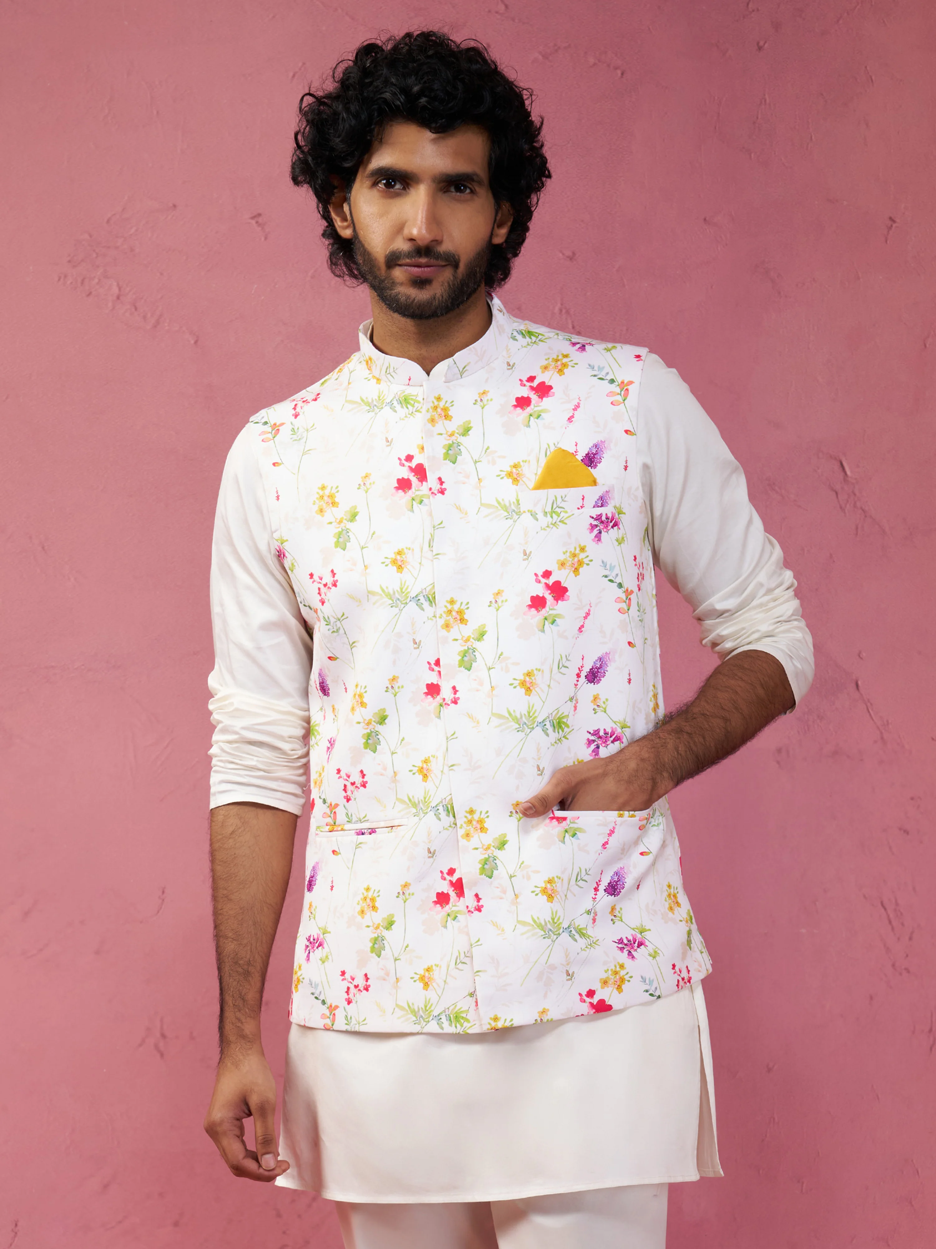 Men's Cream Base Multi Printed Cotton Blend Nehru Jacket - Image 2