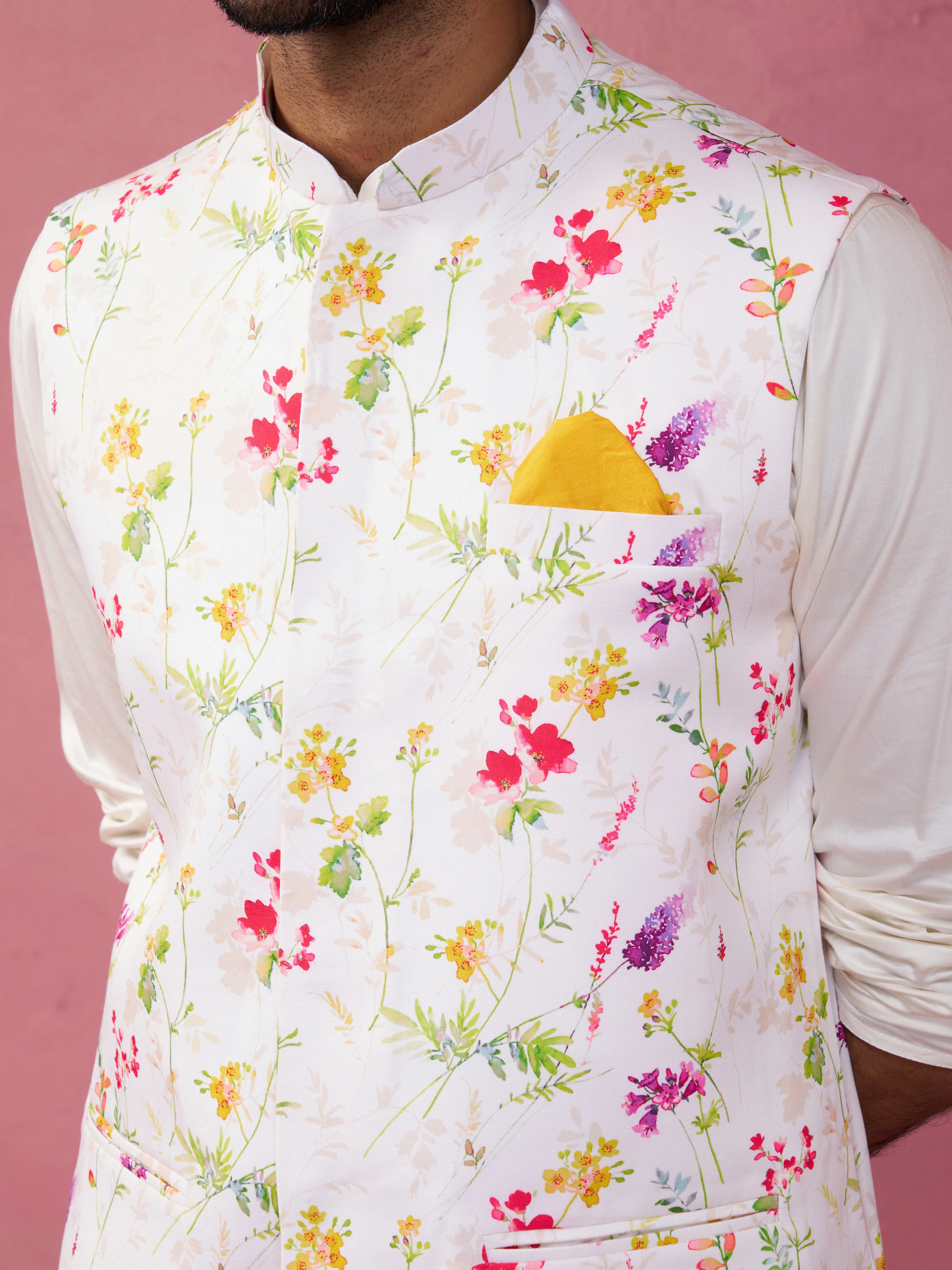 Men's Cream Base Multi Printed Cotton Blend Nehru Jacket - Image 3