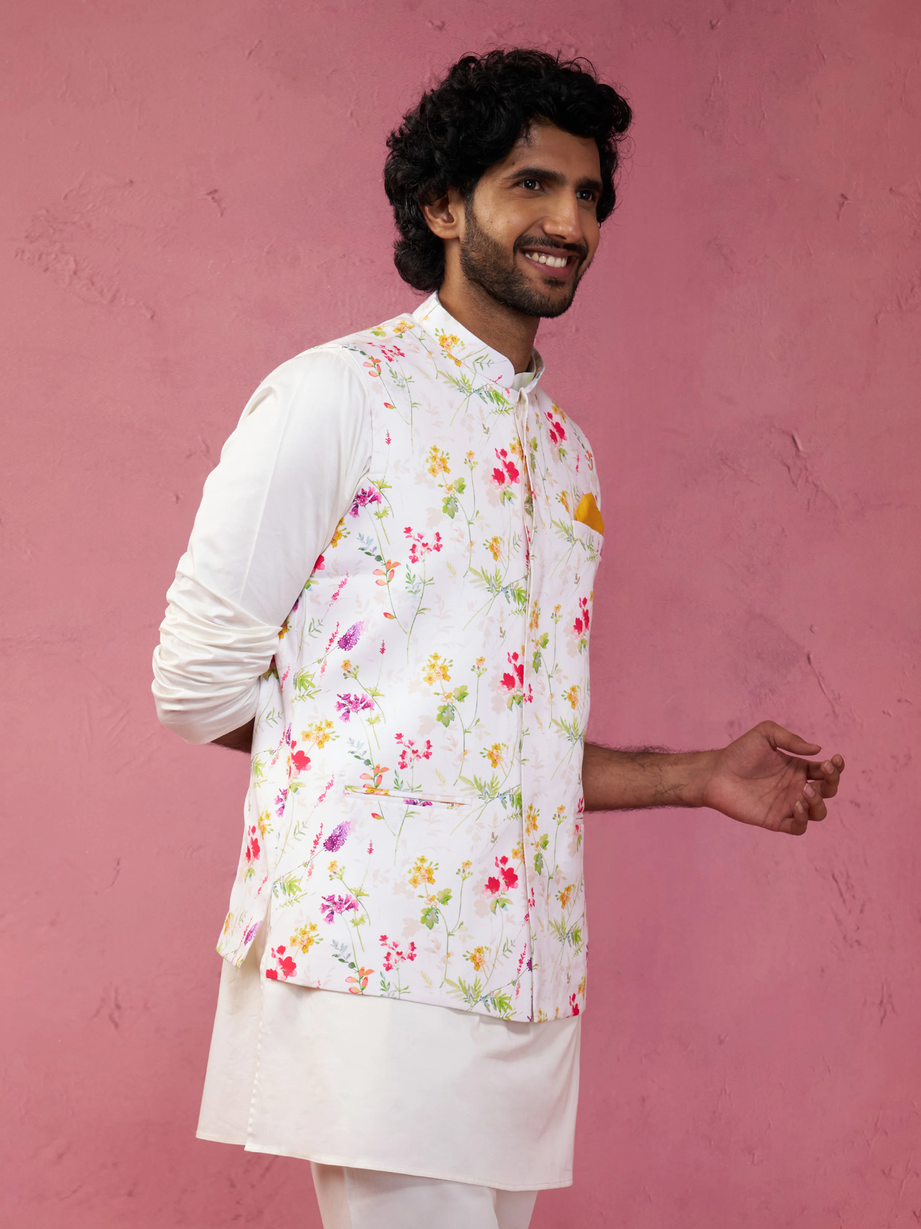 Men's Cream Base Multi Printed Cotton Blend Nehru Jacket - Image 4