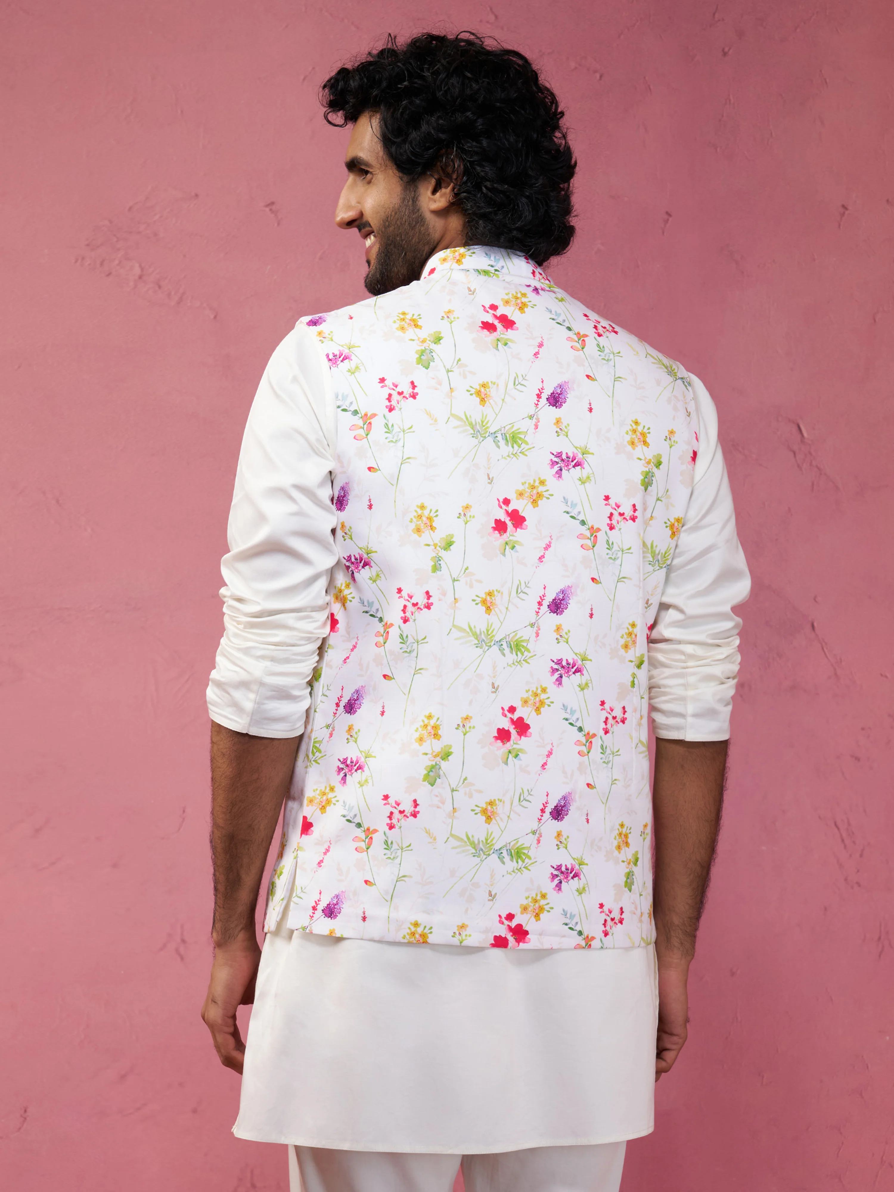 Men's Cream Base Multi Printed Cotton Blend Nehru Jacket - Image 5
