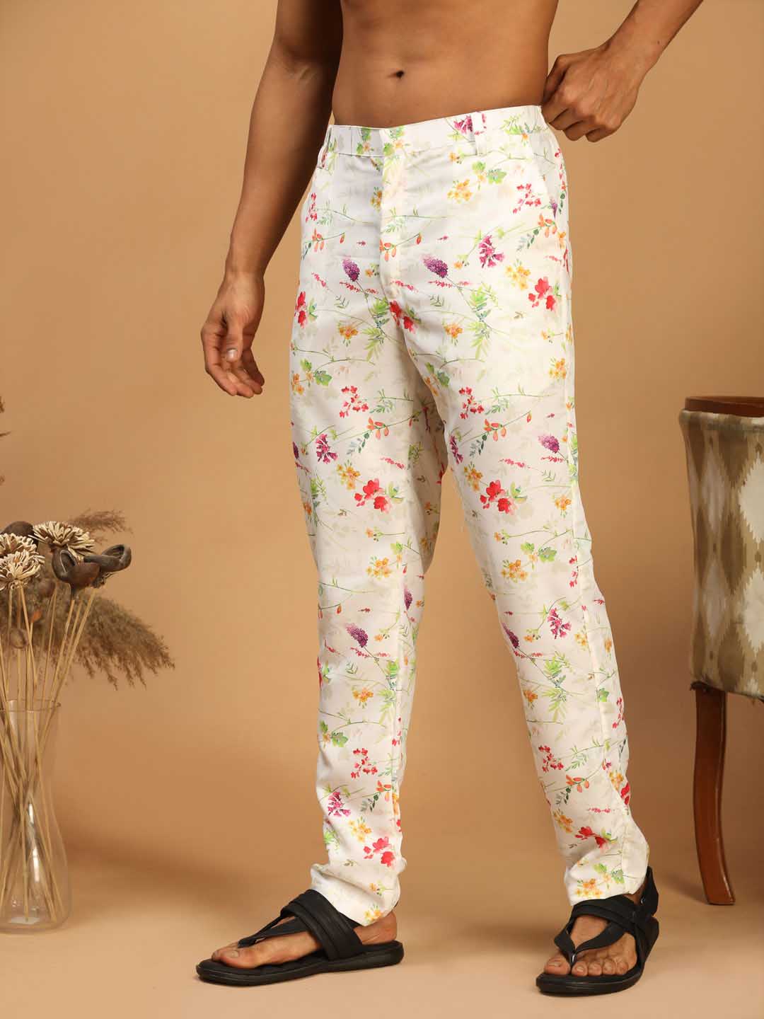 Men's Cream Base Multi-Color Rayon Pant Style Pyjama - Image 2