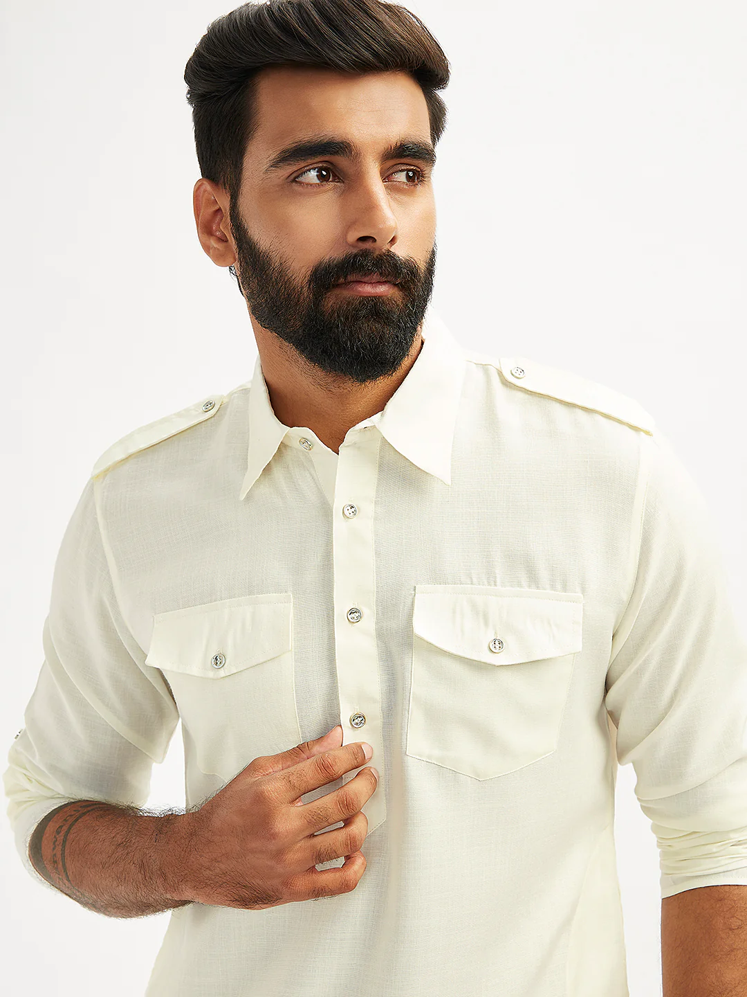 Men's Cream Cotton Blend Pathani Kurta Set - Image 3