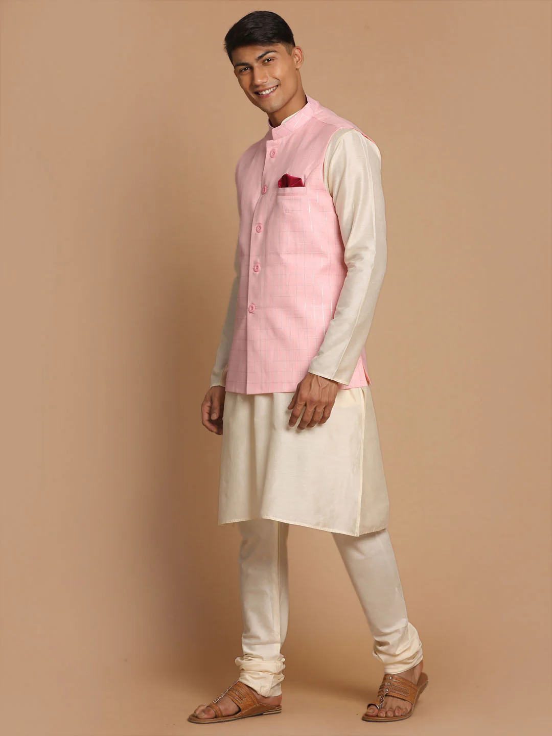 Men's Cream Cotton Kurta, Checkered Royal Linen Nehru Jacket And Pyjama Set - Image 2