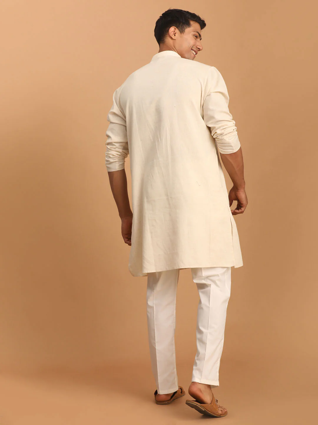 Men's Cream Cotton Kurta With Cream Pant Set - Image 3