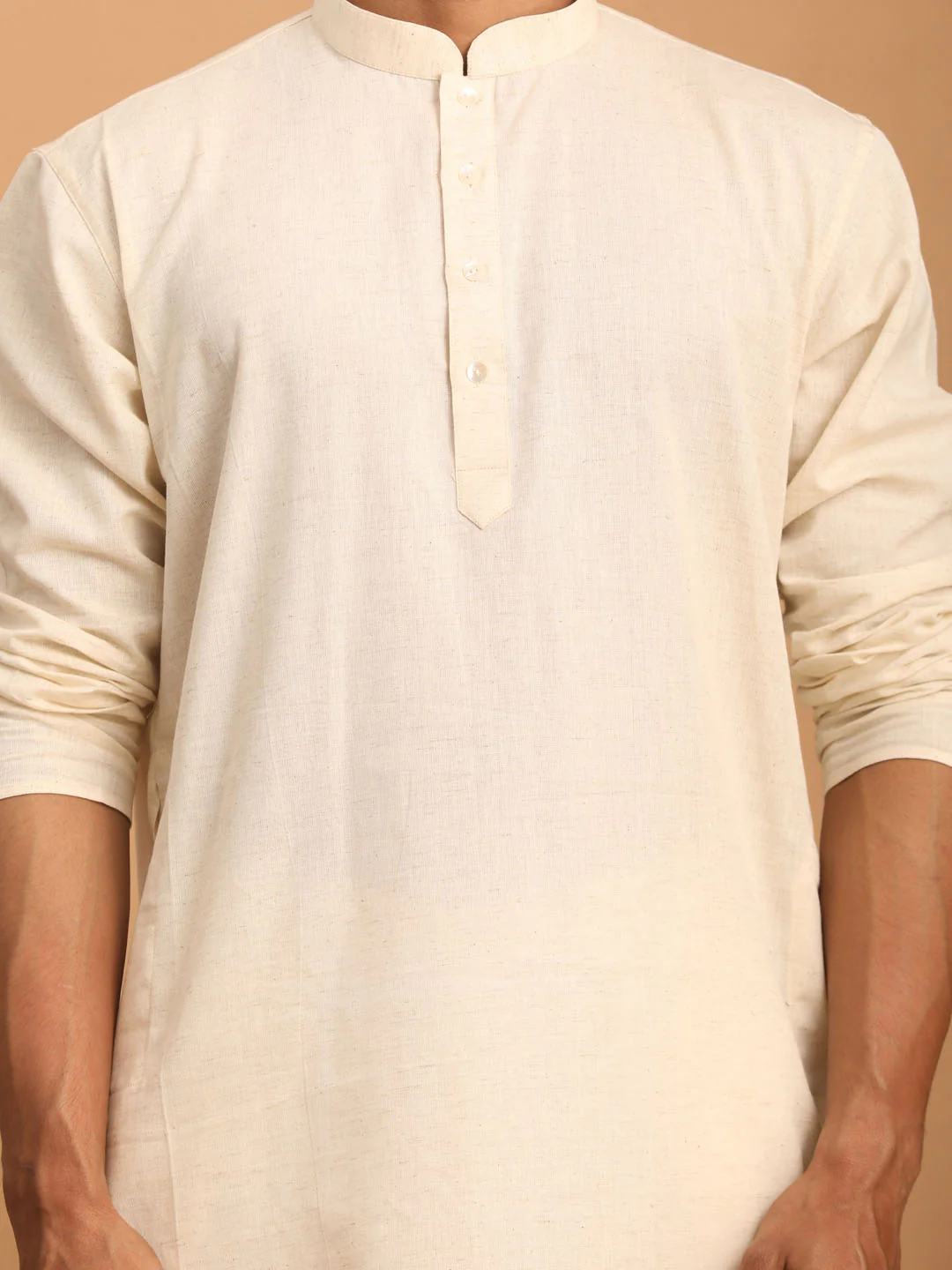 Men's Cream Cotton Kurta With Cream Pant Set - Image 4