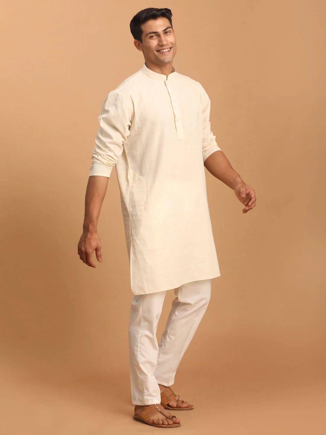 Men's Cream Cotton Kurta With Cream Pant Set - Image 6
