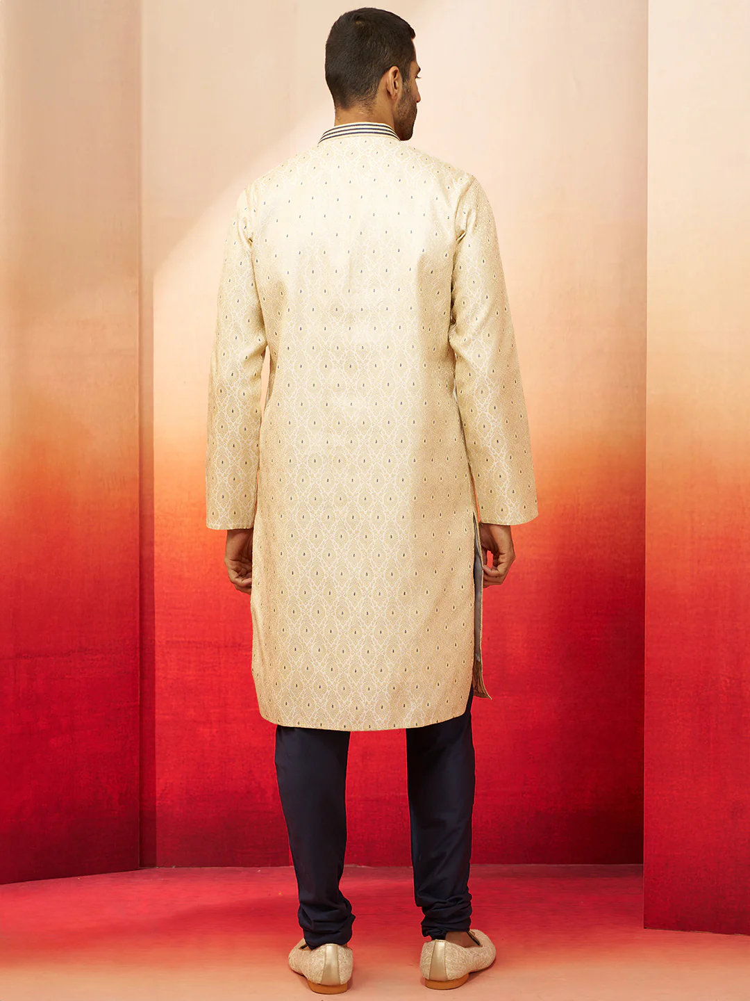 Men's Cream Embroidered Kurta with Navy Blue Churidar - Image 5