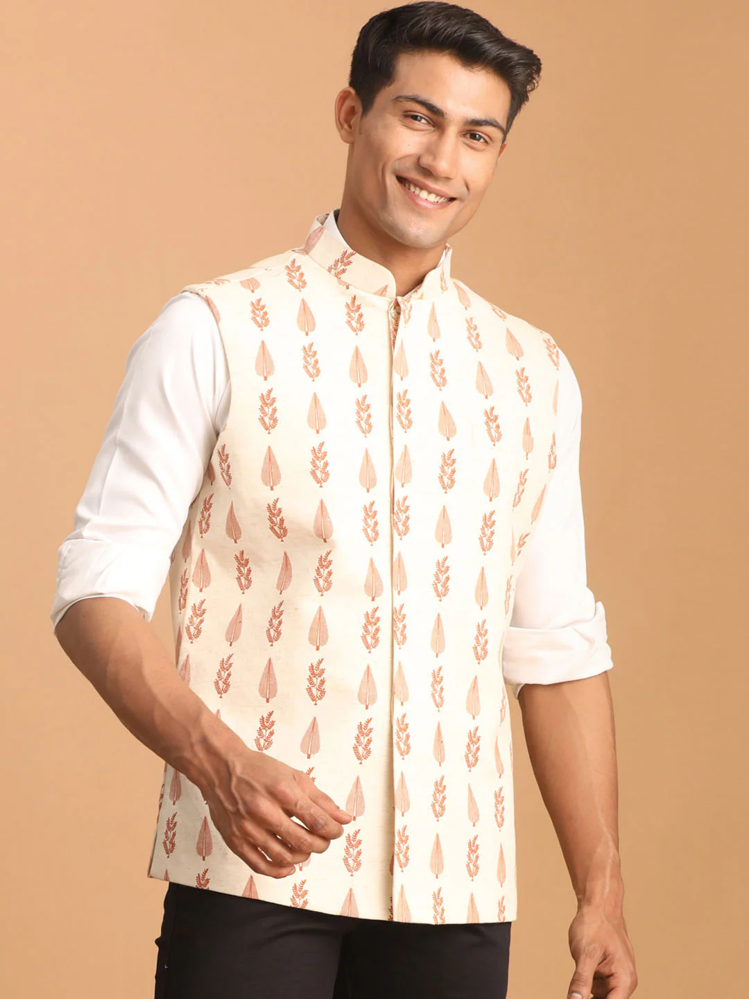 Men's Cream Leaf Printed Pure Cotton Nehru Jacket - Image 2
