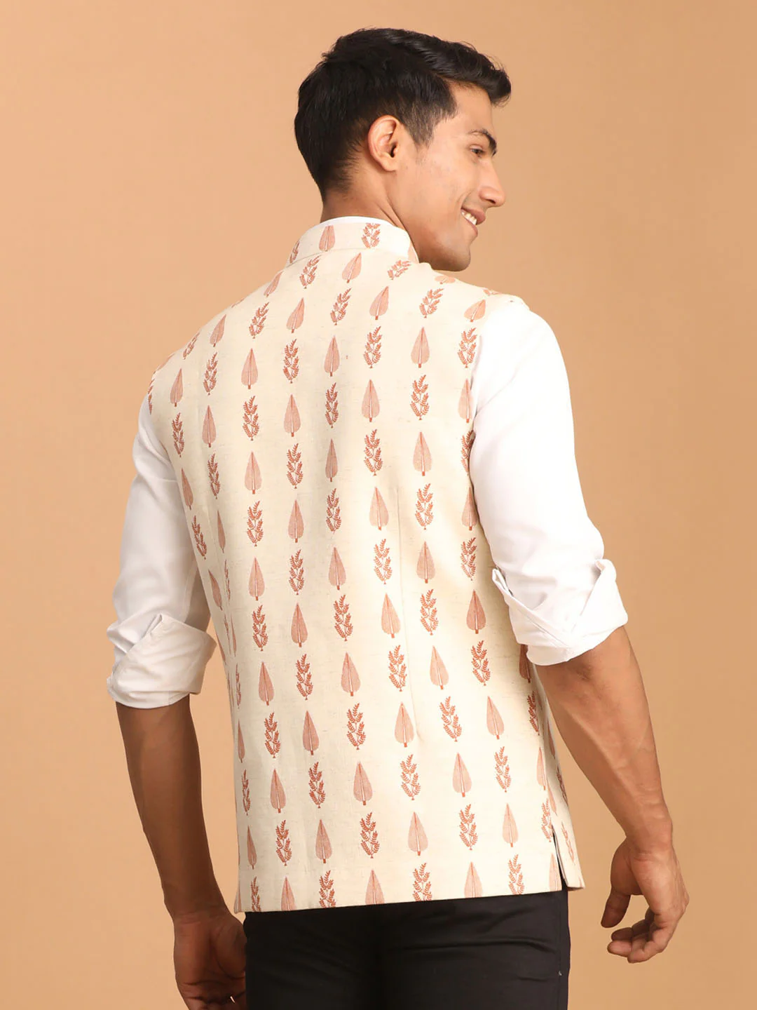 Men's Cream Leaf Printed Pure Cotton Nehru Jacket - Image 3