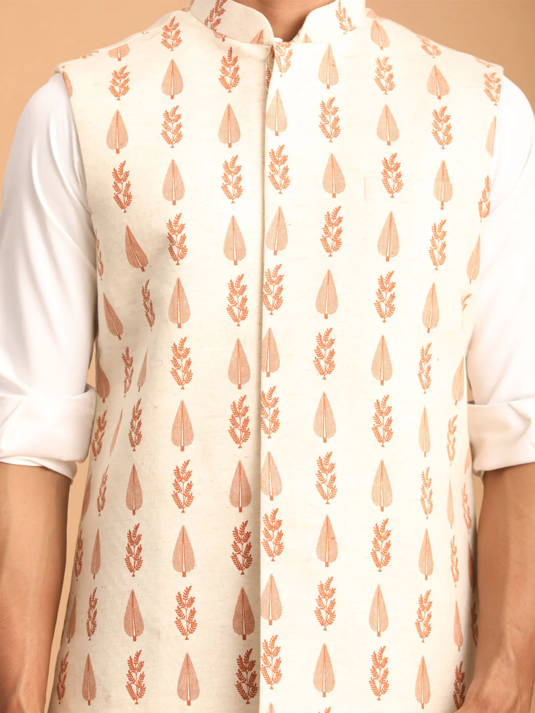 Men's Cream Leaf Printed Pure Cotton Nehru Jacket - Image 4