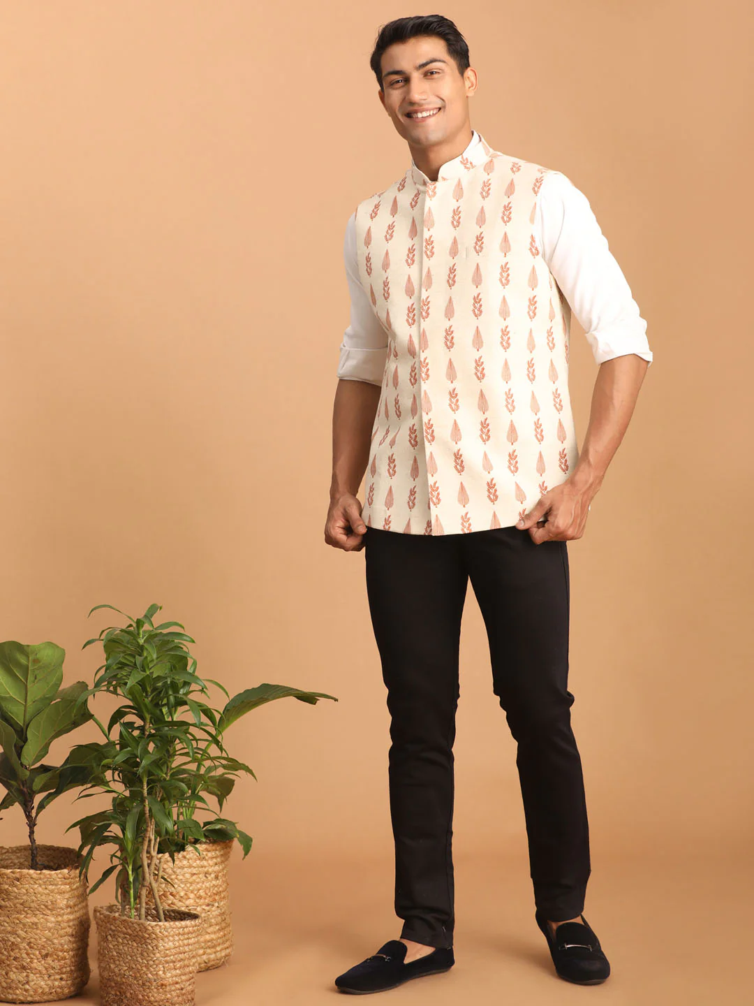 Men's Cream Leaf Printed Pure Cotton Nehru Jacket - Image 5
