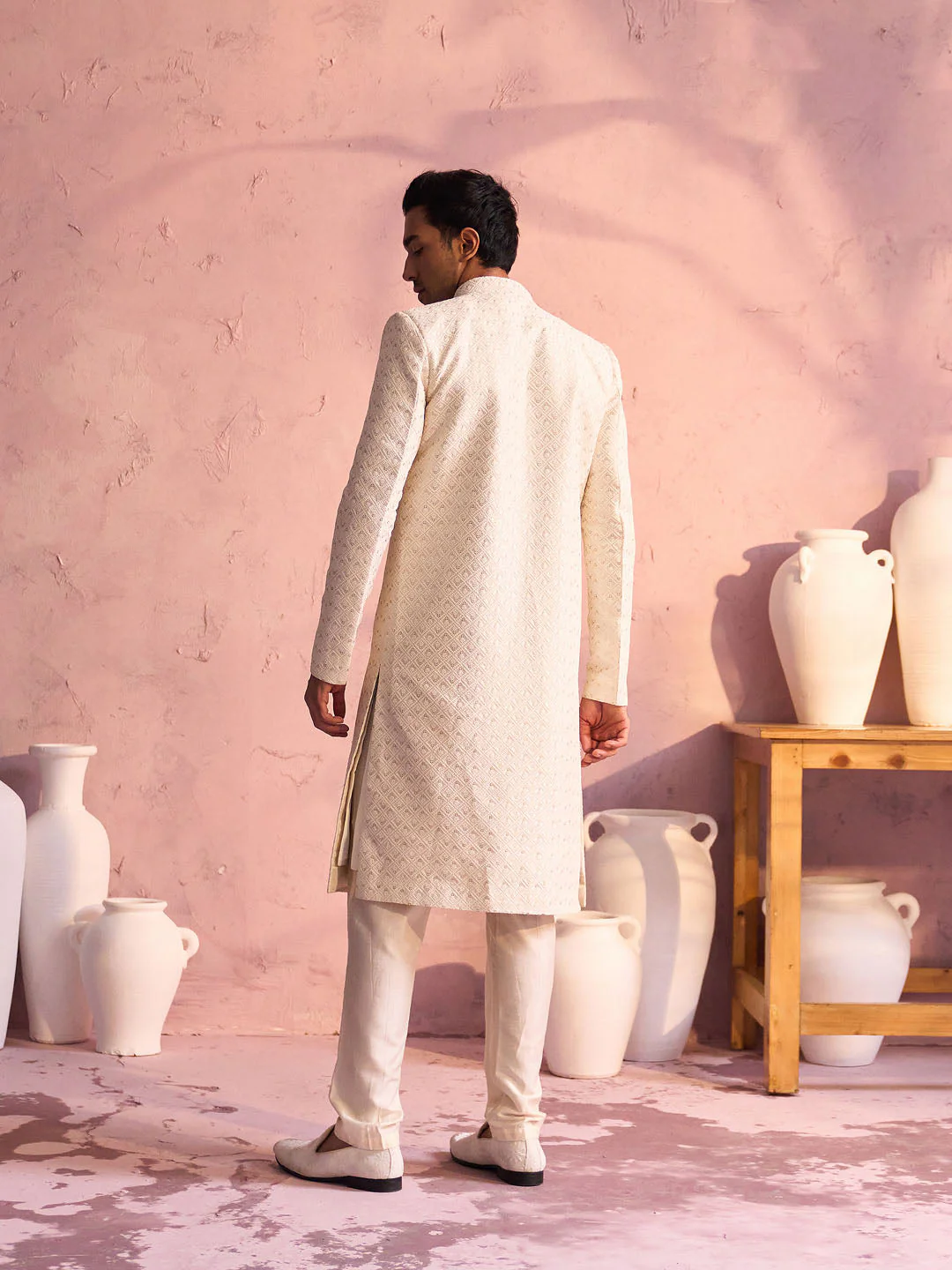 Men's Cream Schiffli Worked With Sequin Detailing Indo With Sleeveless Kurta Pant Set - Image 3