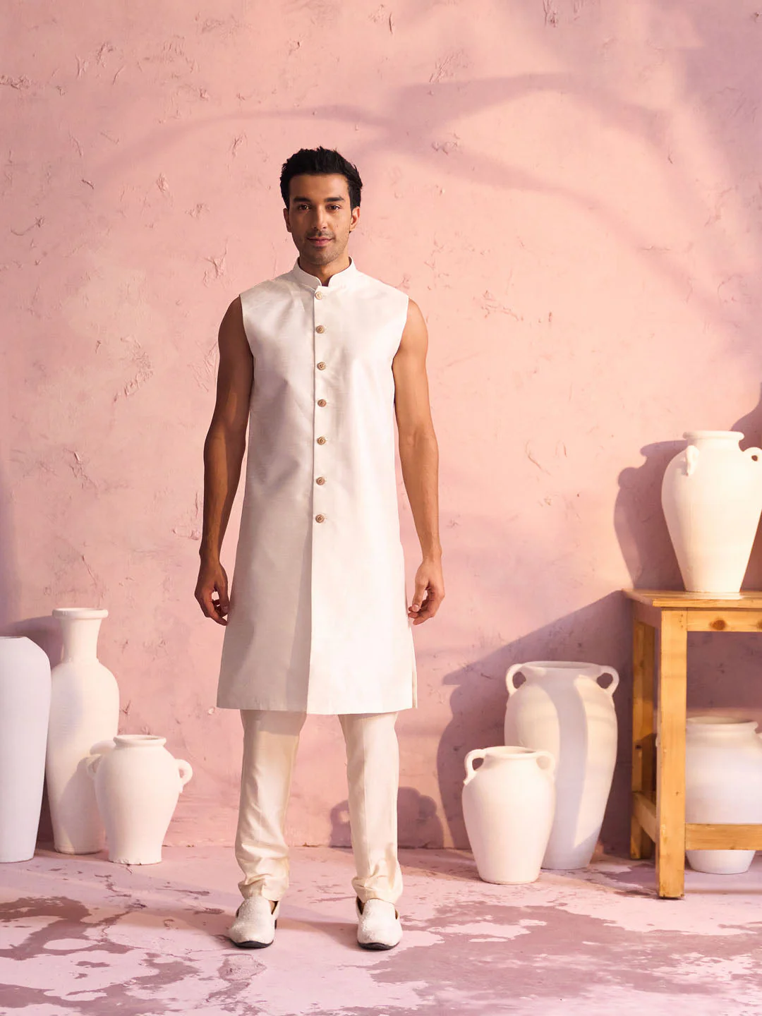 Men's Cream Schiffli Worked With Sequin Detailing Indo With Sleeveless Kurta Pant Set - Image 7