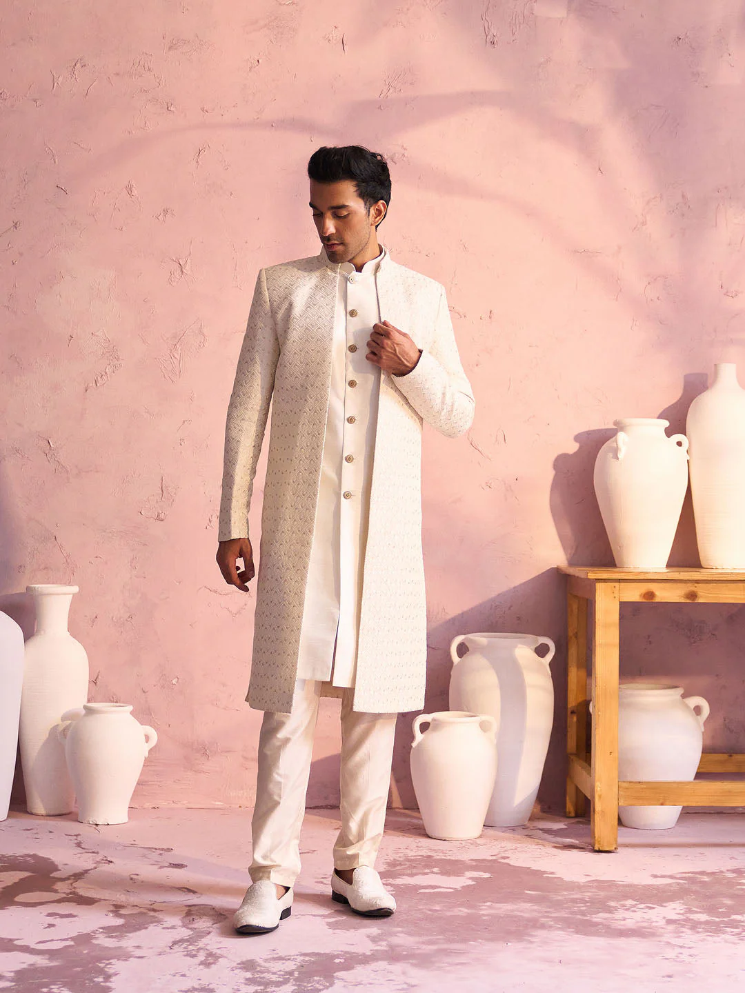 Men's Cream Schiffli Worked With Sequin Detailing Indo With Sleeveless Kurta Pant Set - Image 8