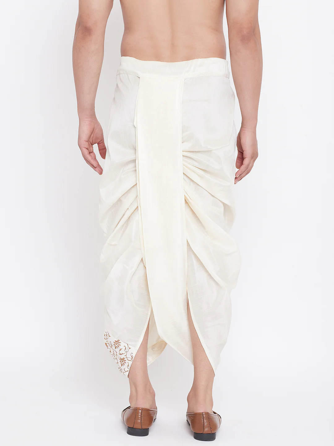 Men's Cream Silk Blend Embroidered Dhoti - Image 3