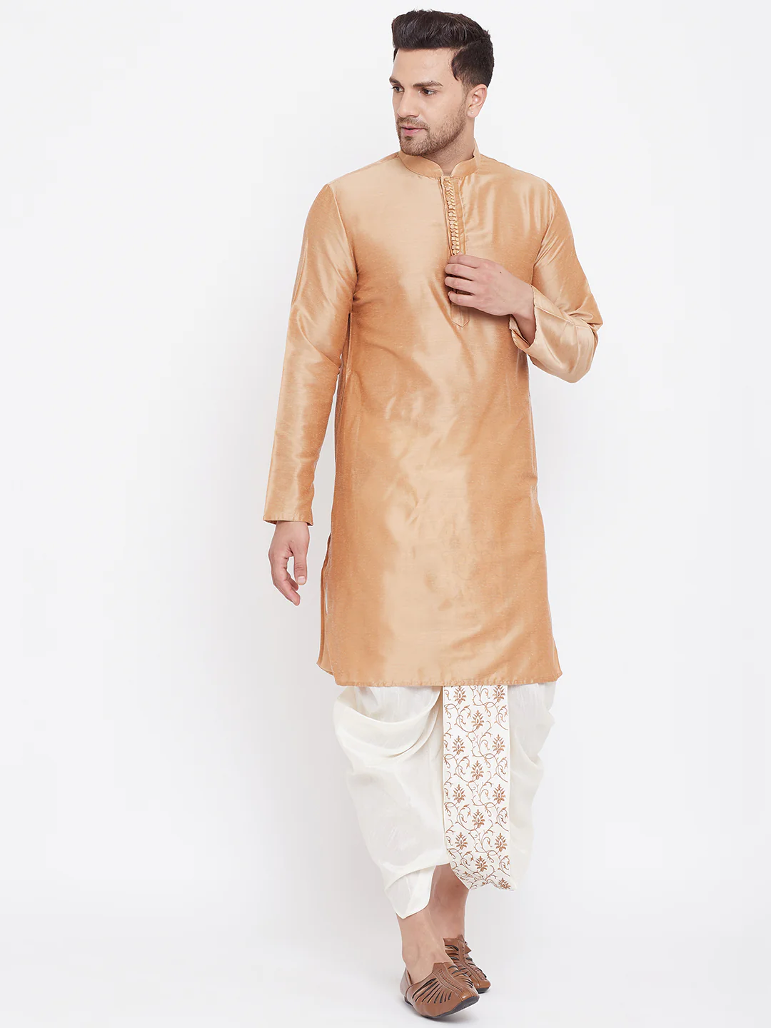 Men's Cream Silk Blend Embroidered Dhoti - Image 5