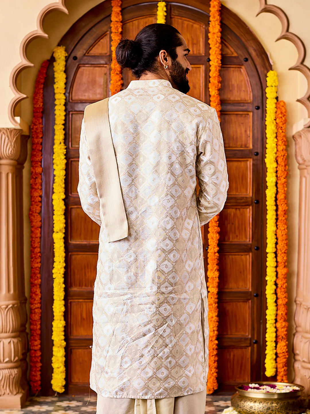 Men's Cream Tissue Benarasi Jacquard Kurta - Image 5