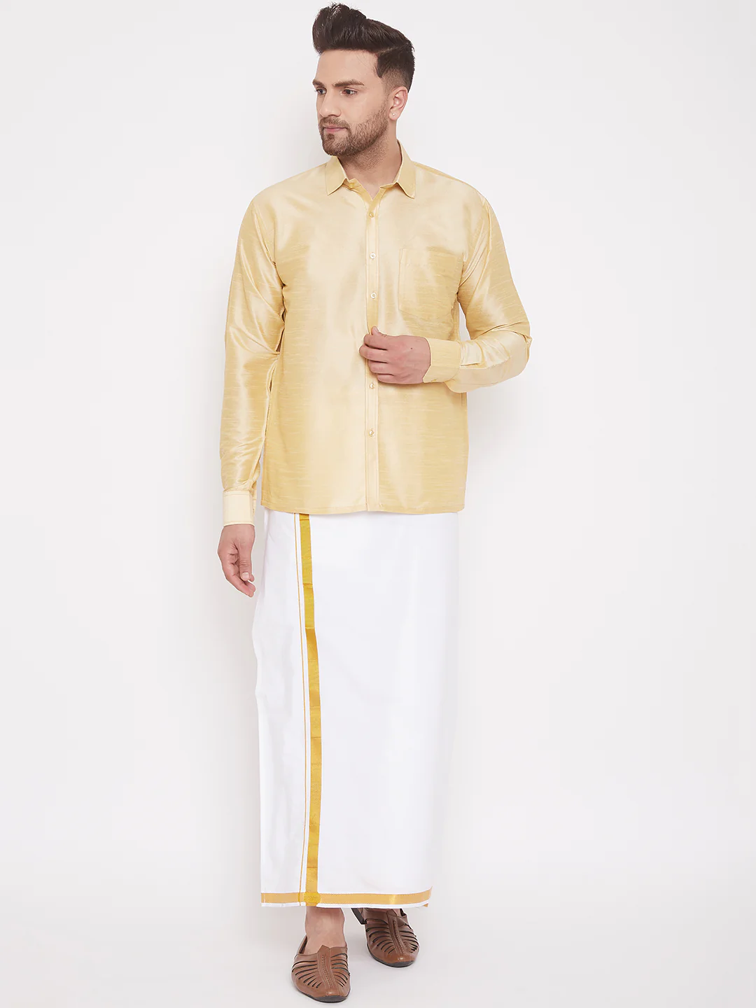 Men's Gold Silk Blend Ethnic Shirt - Image 5