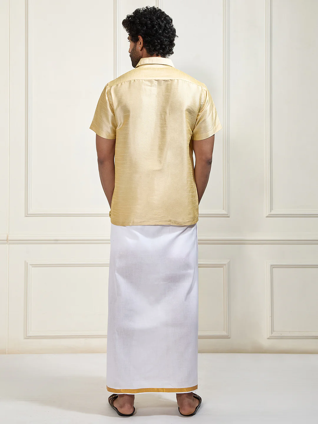 Men's Gold Silk Blend Shirt And Mundu - Image 10