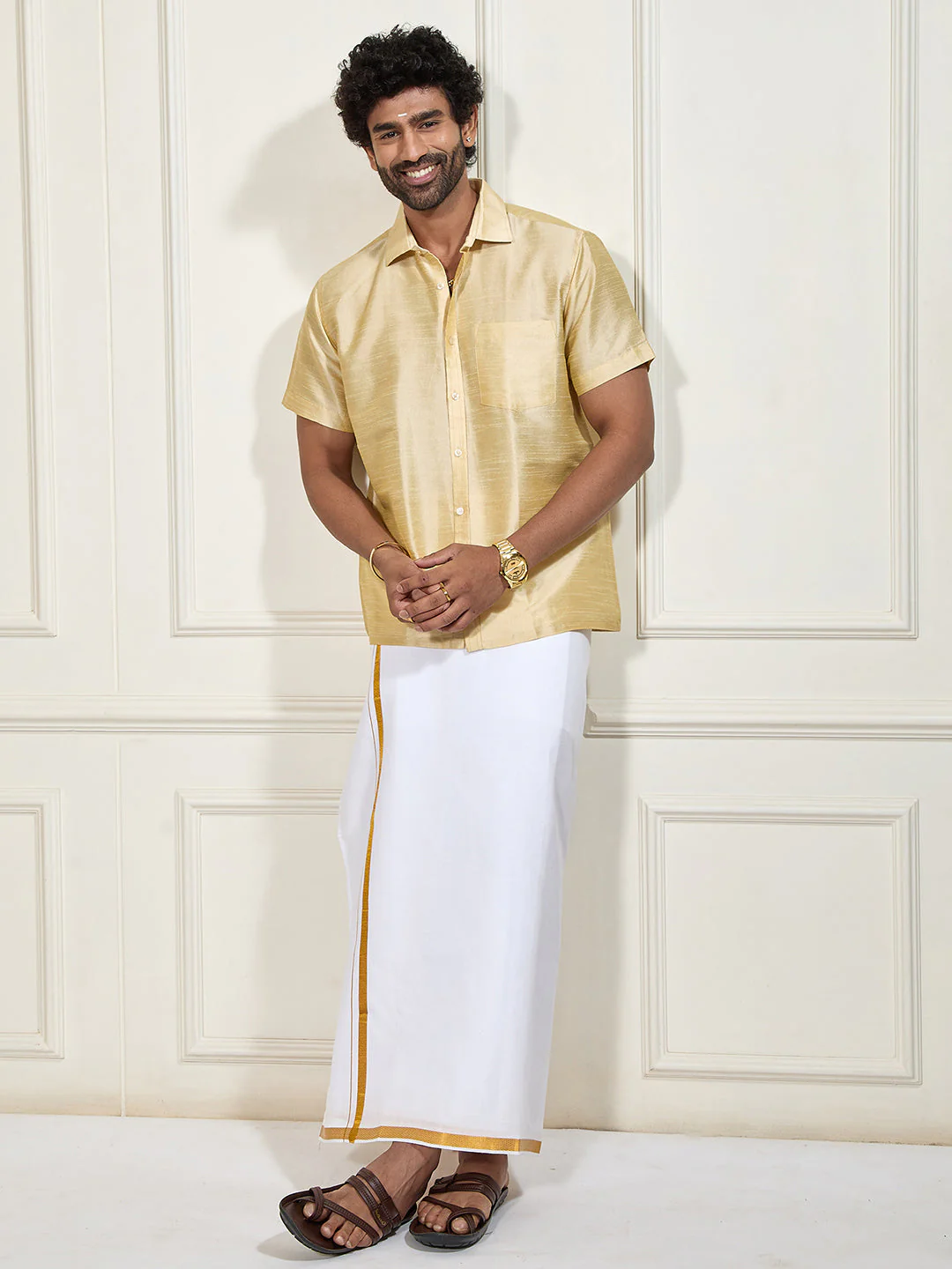 Men's Gold Silk Blend Shirt And Mundu - Image 6