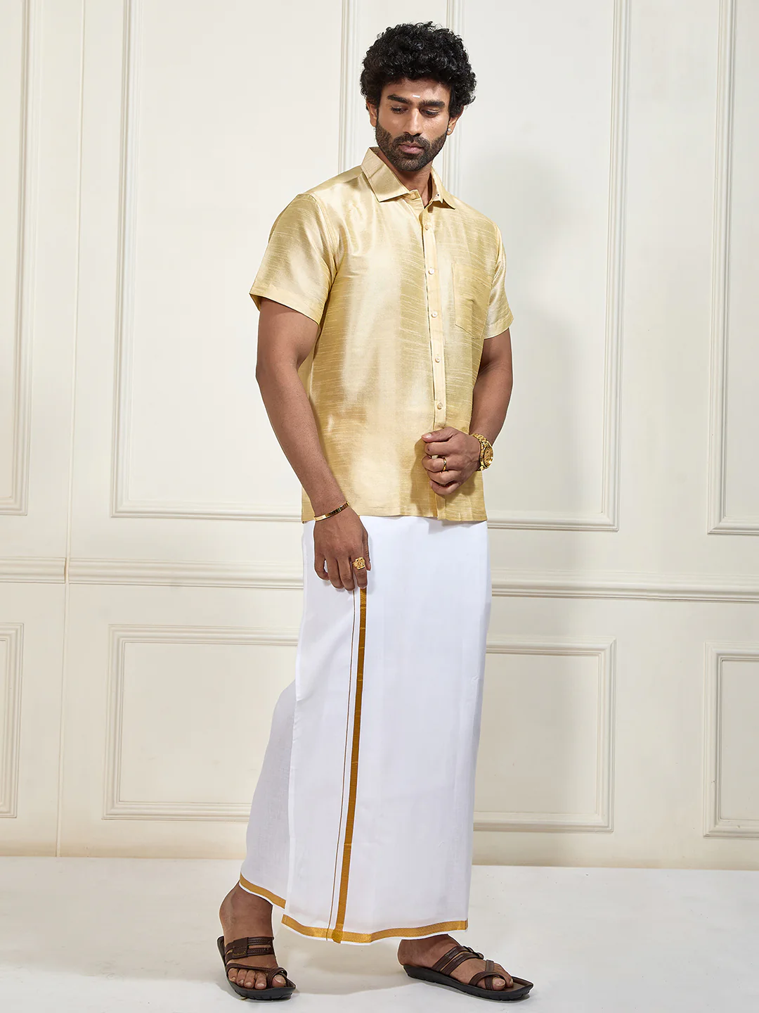Men's Gold Silk Blend Shirt And Mundu - Image 9