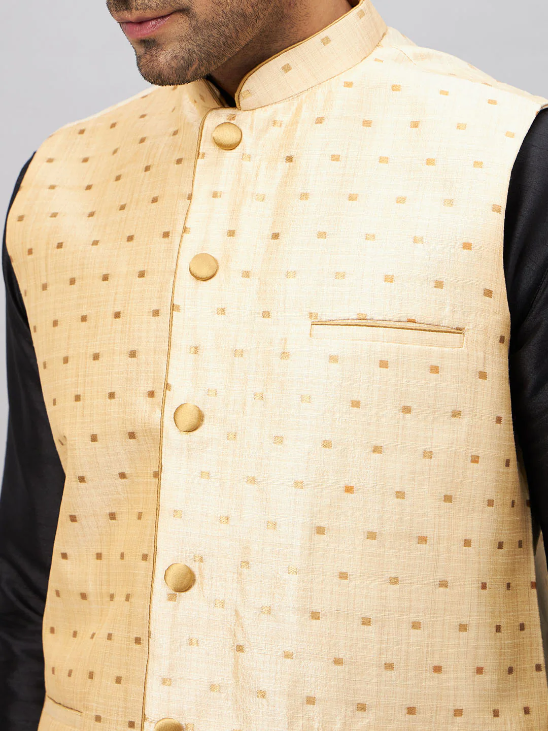 Men's Gold Zari Weaved Jacket With Kurta Pyjama Set - Image 4