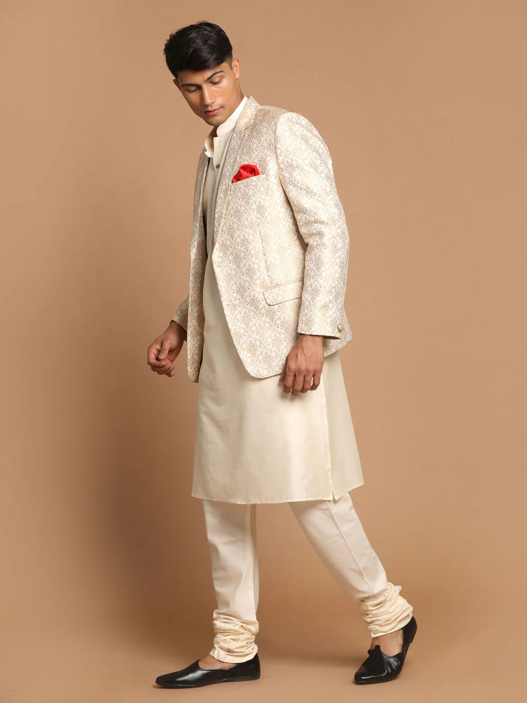 Men's Gold Woven Blazer And Cream Solid Kurta With Pajama Set - Image 2