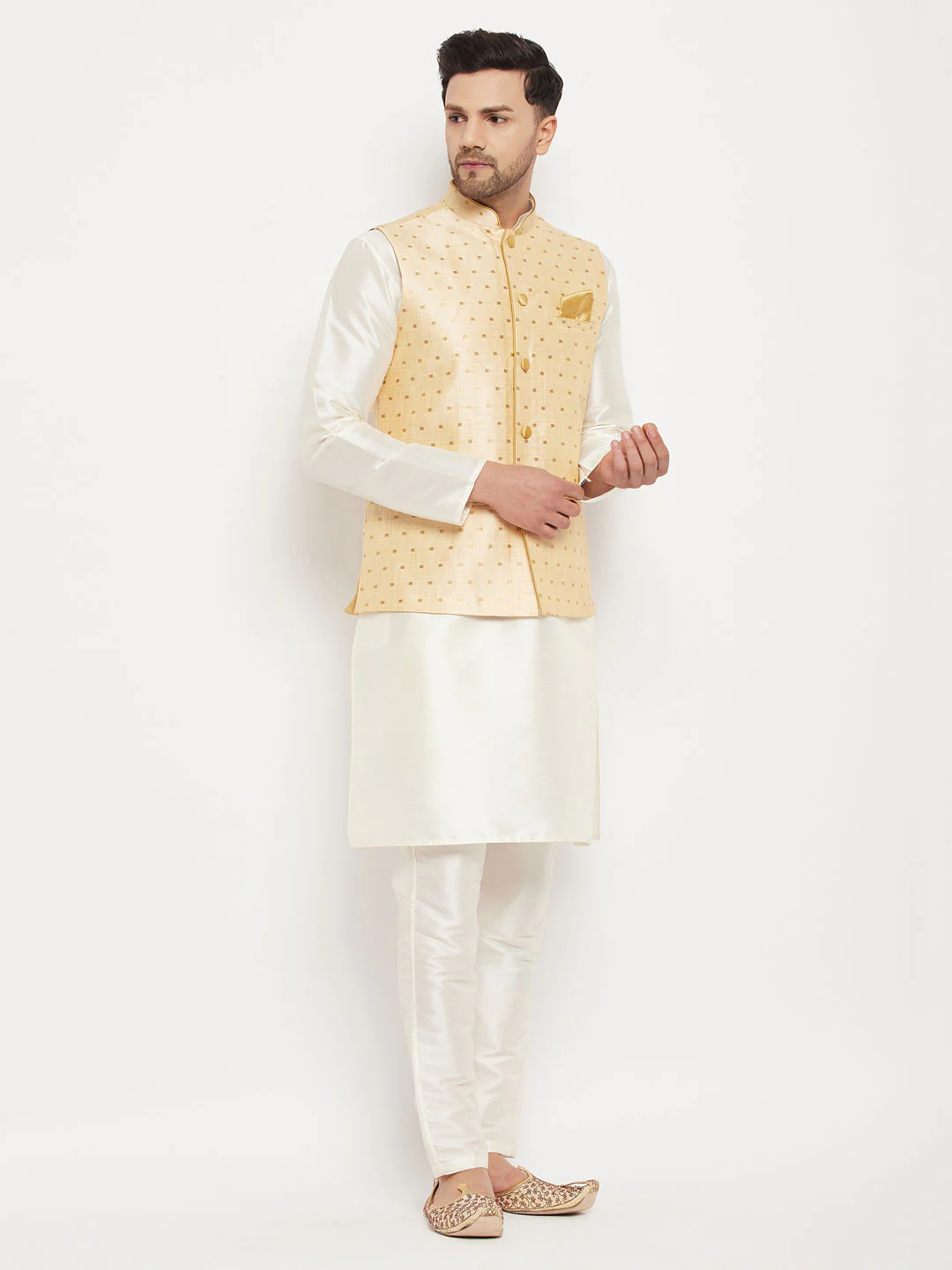 Men's Gold Zari Weaved Jacket With Kurta Pant Set - Image 6