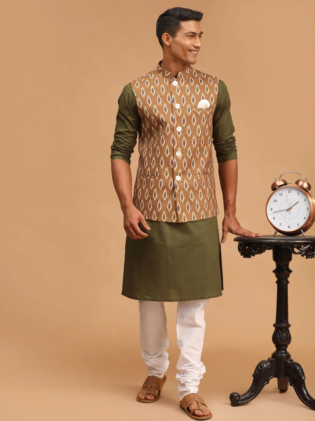 Men's Green Printed Cotton Nehru Jacket With Mehdi Green Kurta And White Pyjama Set
