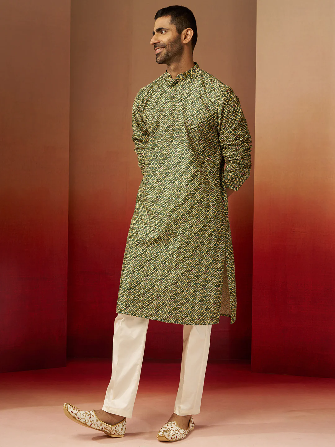 Men's Green Digital Print Kurta with Pyjama - Image 3