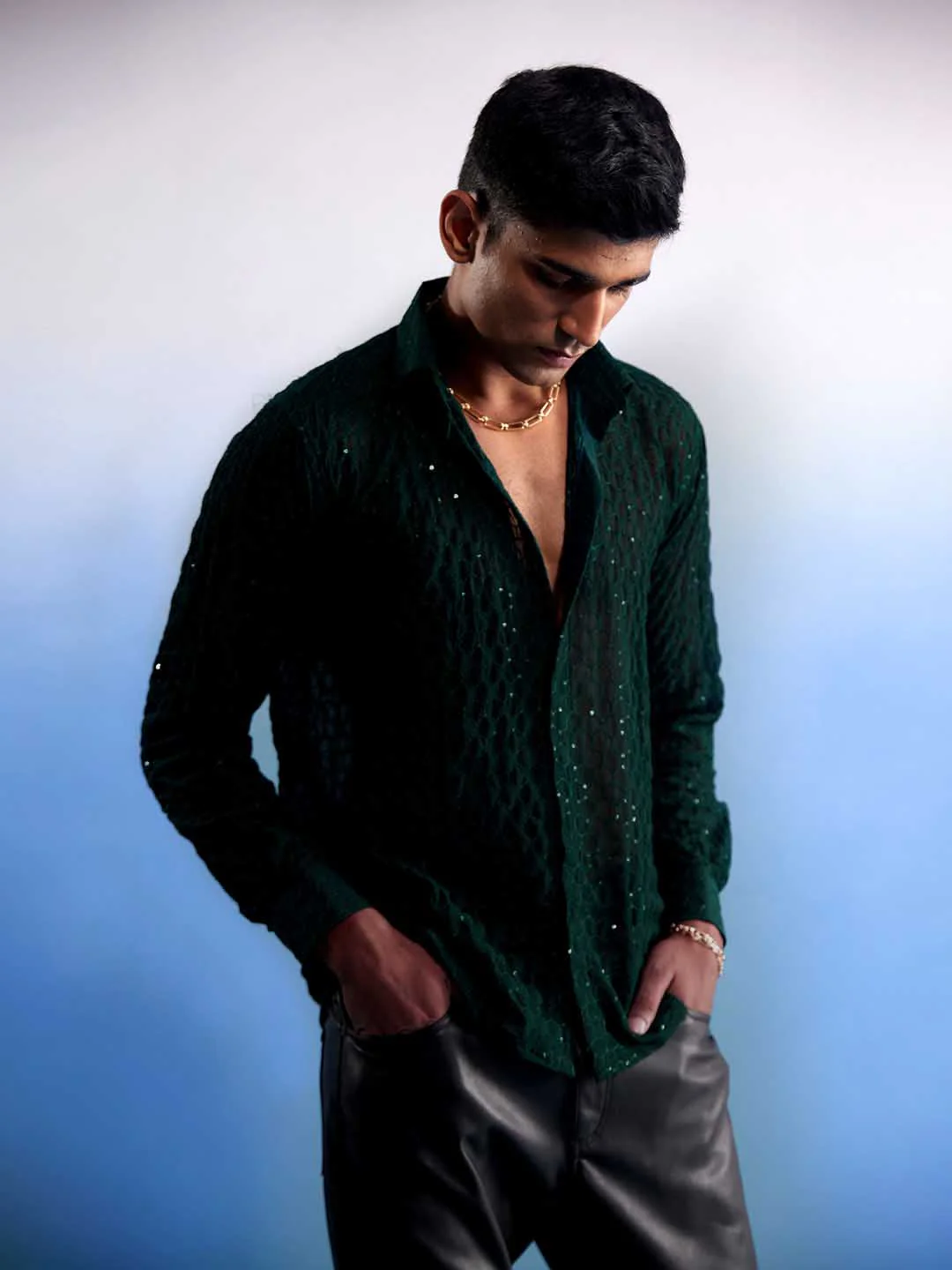 Men's Green Fancy Sequined Shirt - Image 2