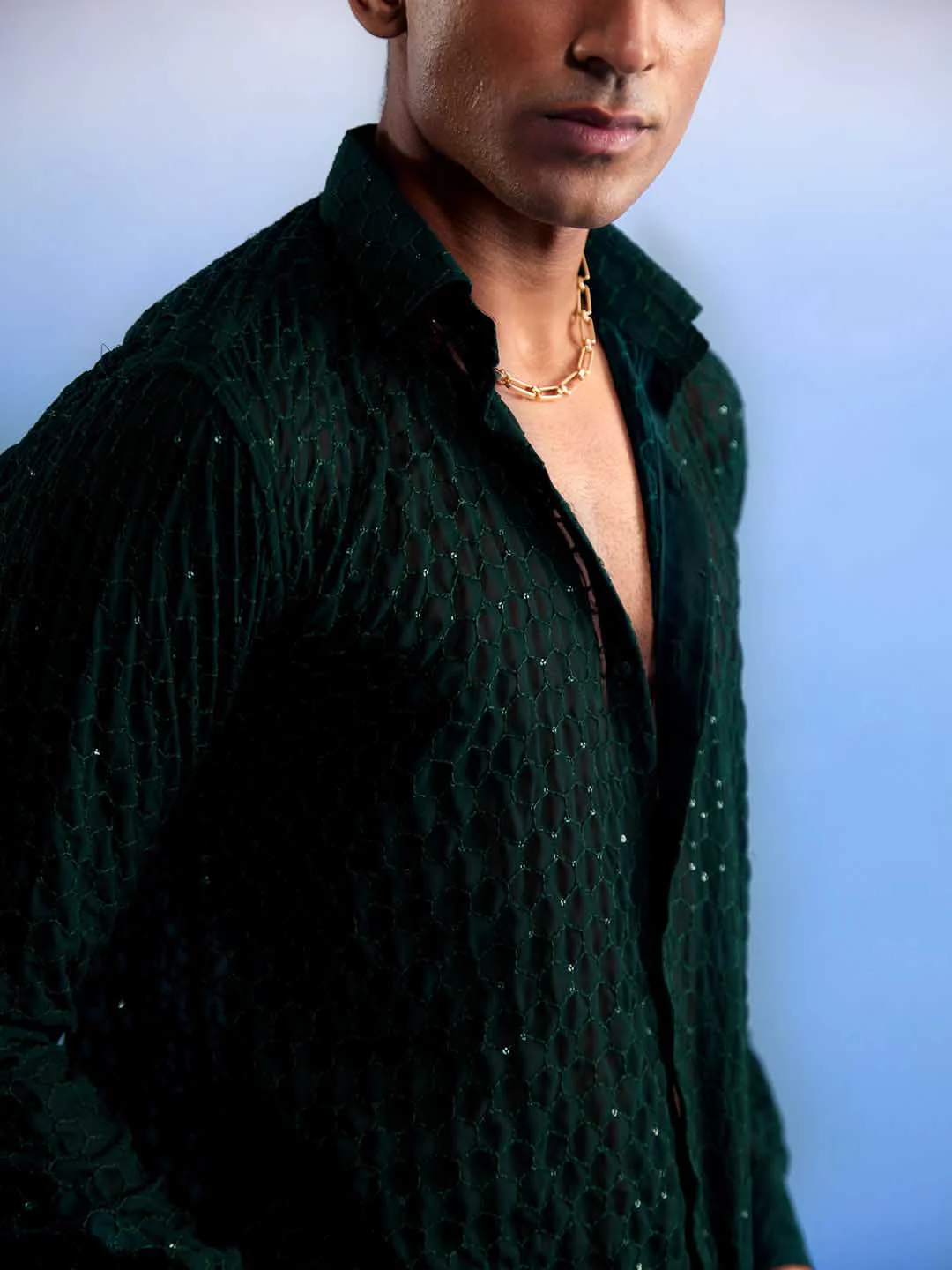 Men's Green Fancy Sequined Shirt - Image 4
