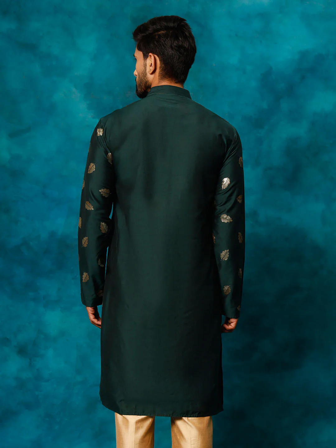 Men's Green Leaf Motif Embellished Kurta - Image 3