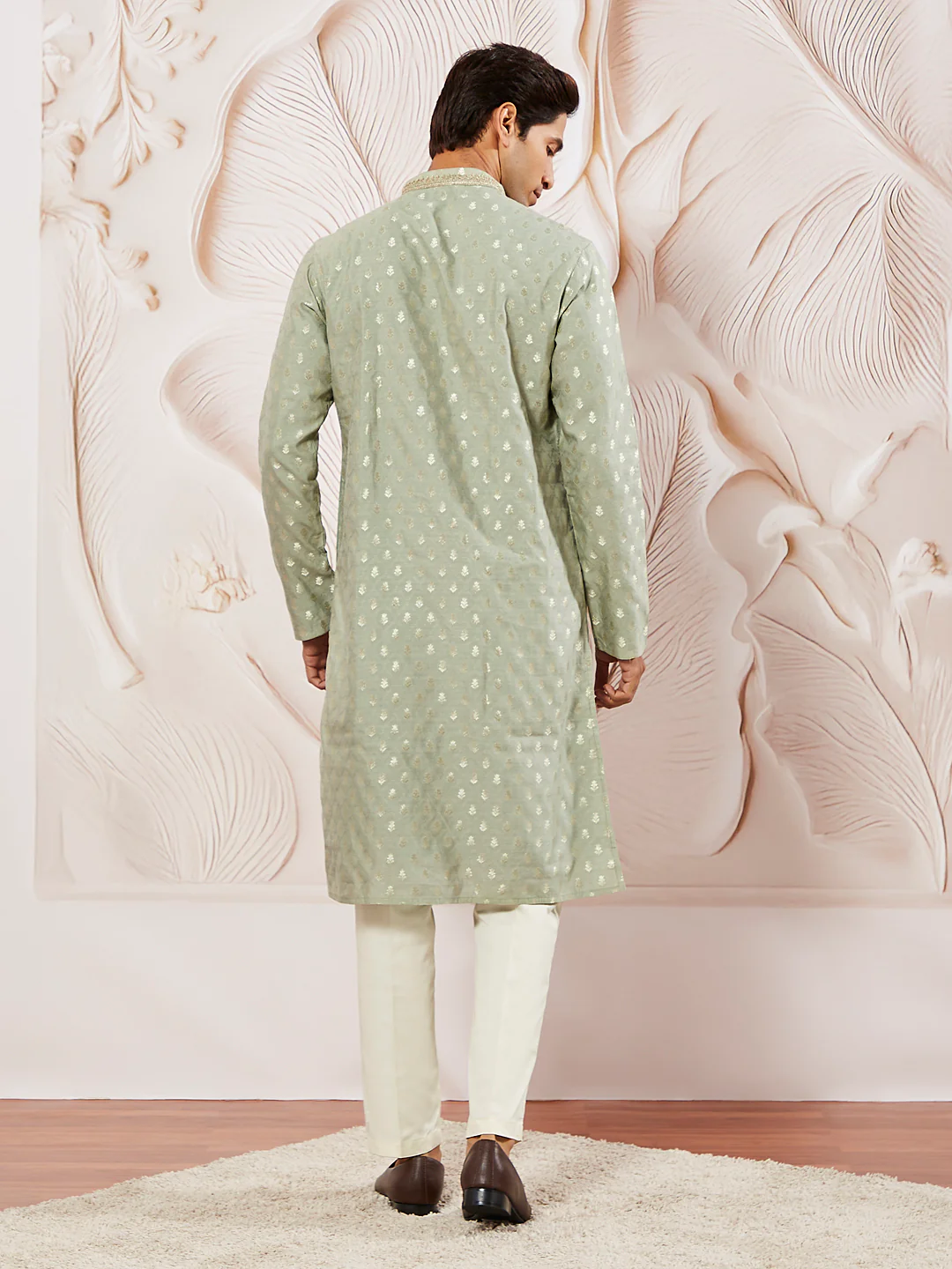 Men's Green Silk Blend Kurta Pyjama Set - Image 5