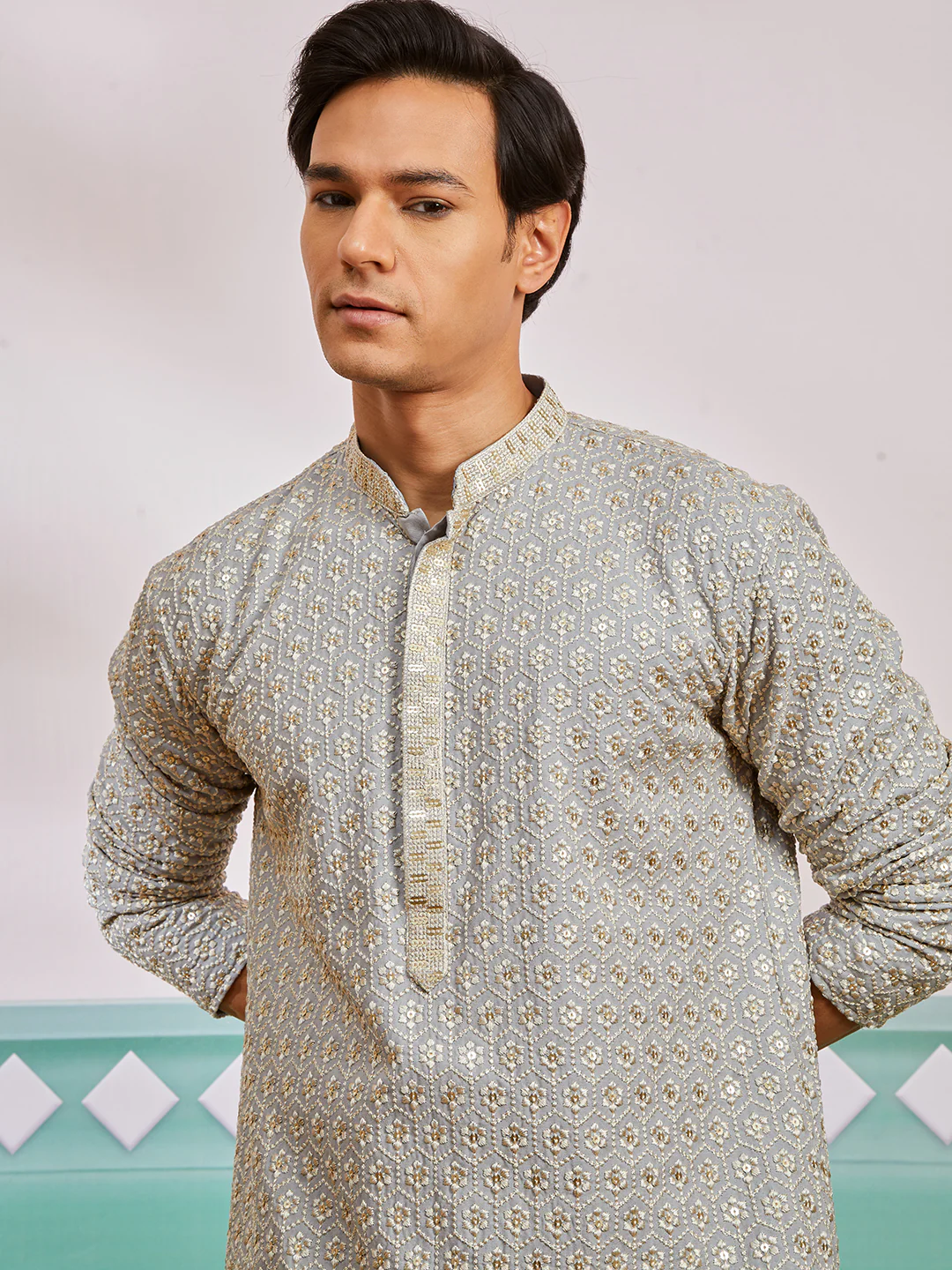 Men's Grey Rayon Kurta And Pyjama Set - Image 3