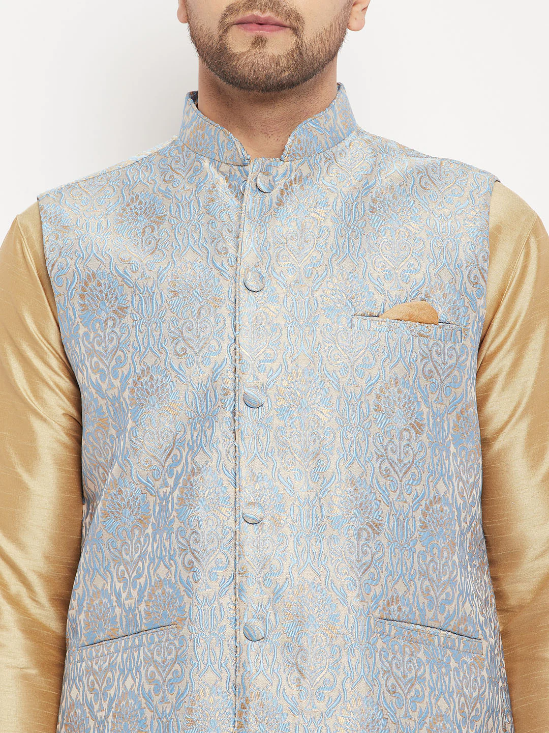 Men's Grey Jacquard Jacket With Kurta And Pant Set - Image 4