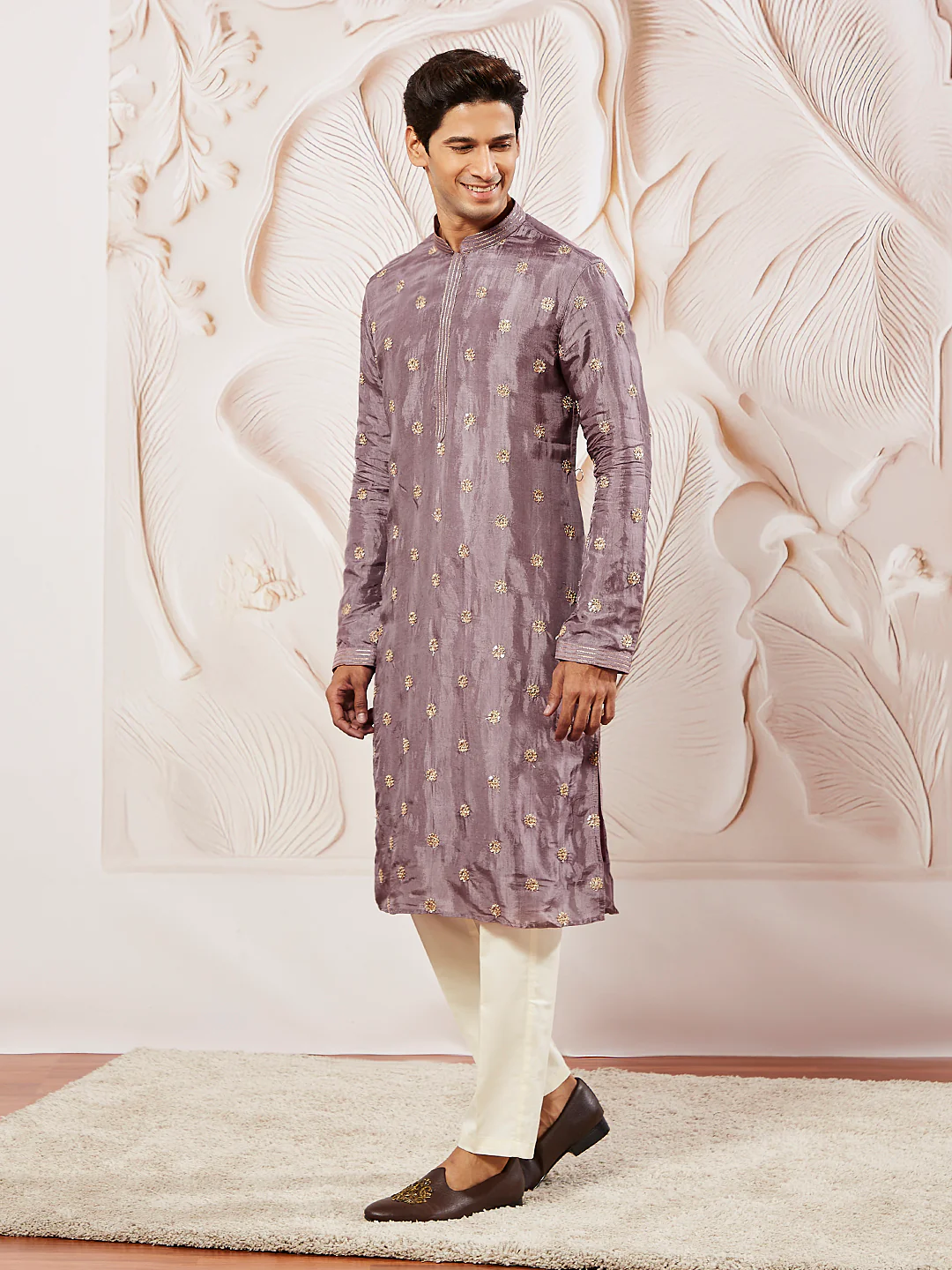 Men's Lavender Tissue Silk Kurta Pyjama Set - Image 4