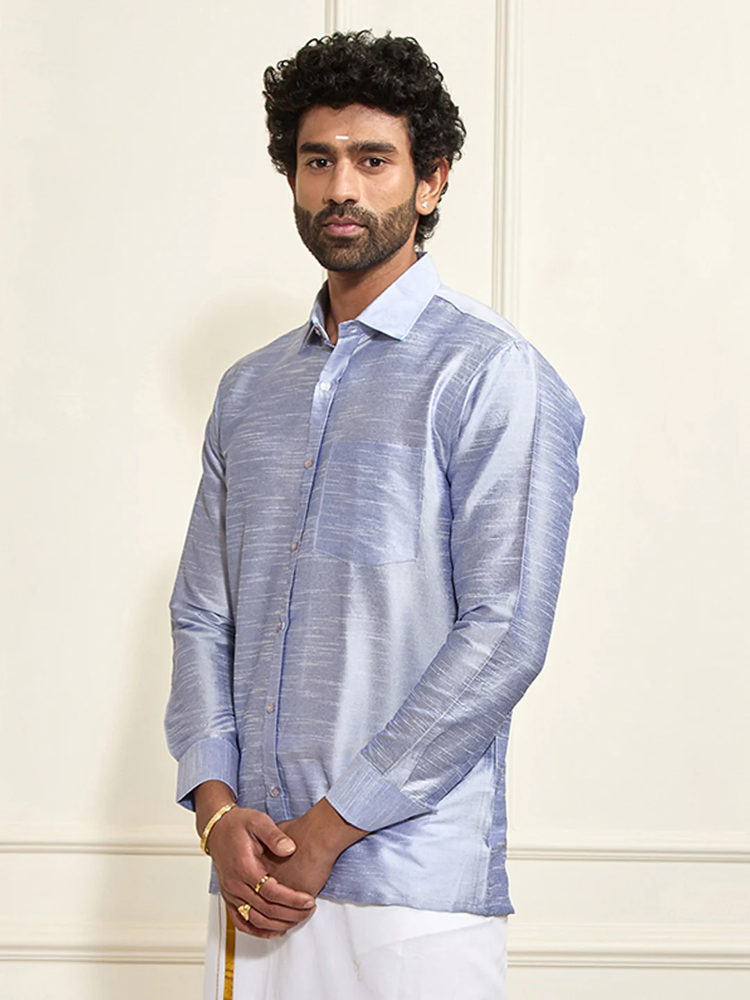 Men's Light Blue Silk Blend Ethnic Shirt - Image 5