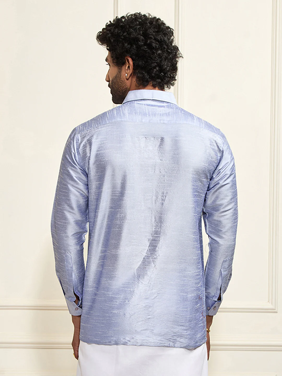 Men's Light Blue Silk Blend Ethnic Shirt - Image 6