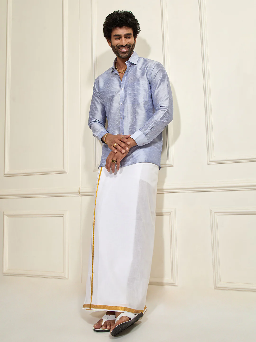 Men's Light Blue Silk Blend Ethnic Shirt - Image 8