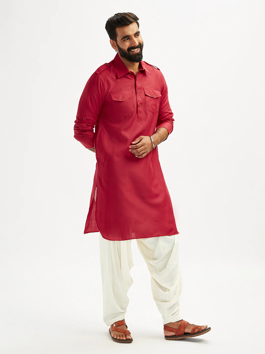 Men's Maroon And Cream Cotton Blend Pathani Kurta Set - Image 4