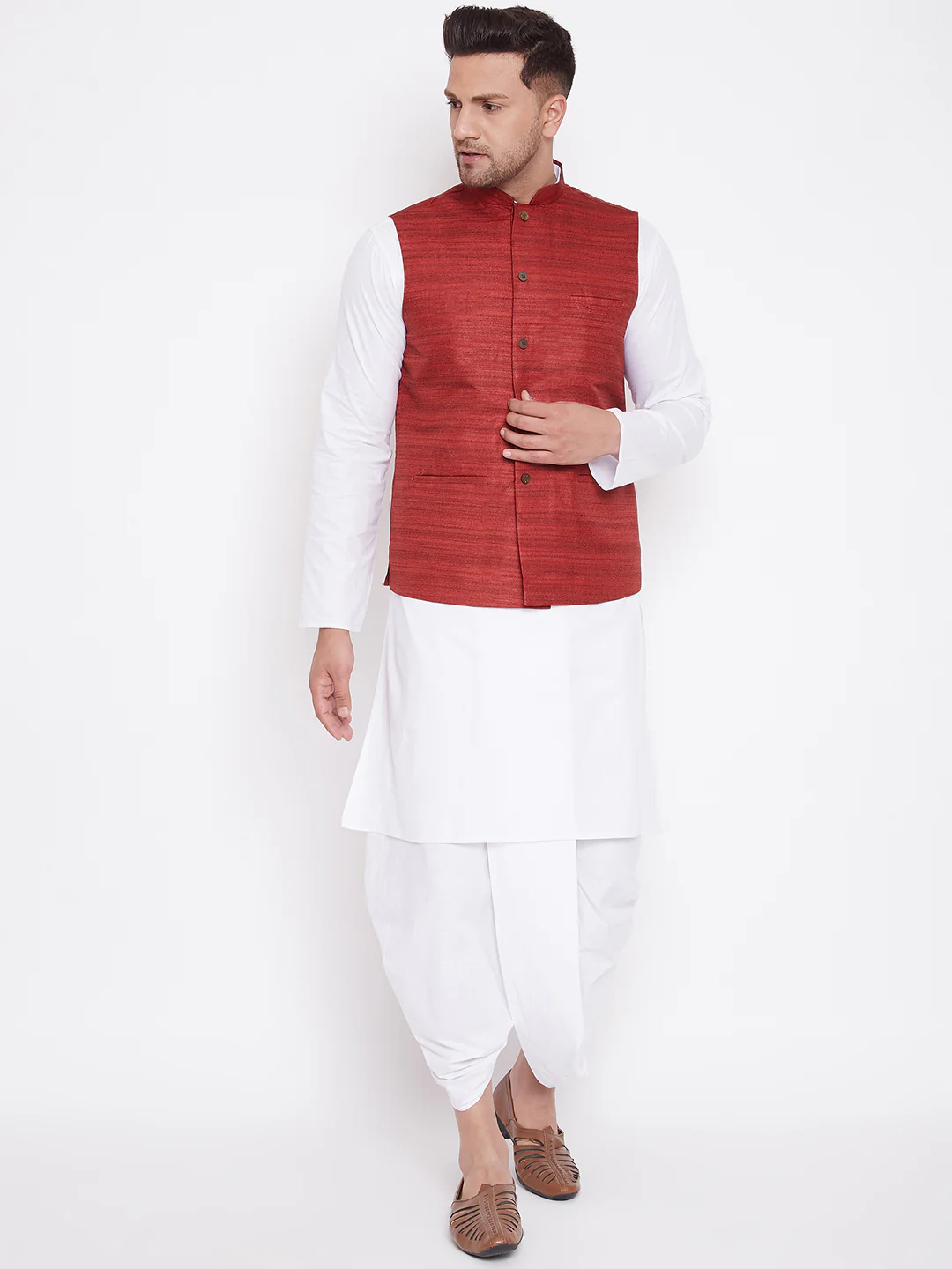 Men's Maroon And White Cotton Blend Jacket, Kurta And Dhoti Set