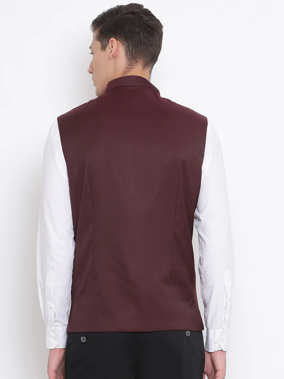 Men's Maroon Cotton Blend Twill Nehru Jacket - Image 3